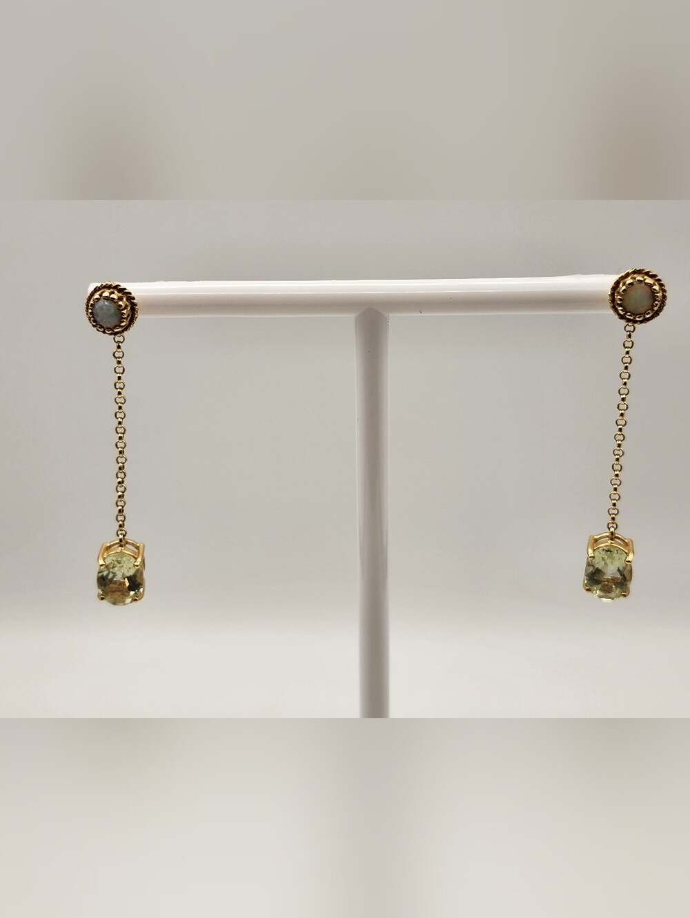 14K Gold Opal Stud Earrings w/ Removable Prasiolite Chain Drops